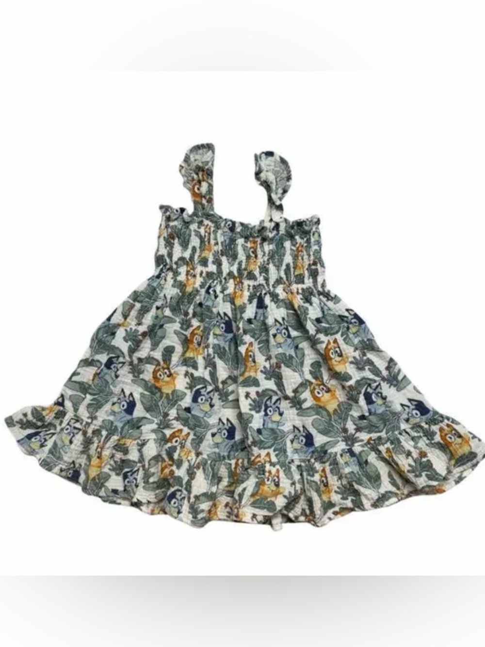 Girls' Green Leaf & bluey linen Print Sundress